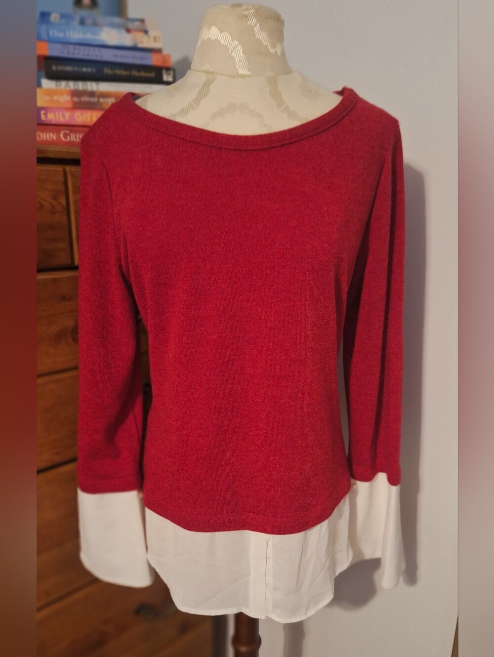 Frank Lyman Red Layered Hem Sweater with White Bell Cuffs